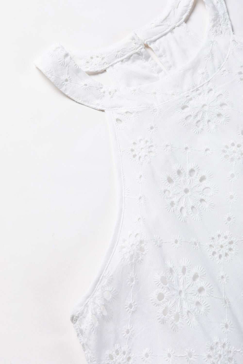 White Lace Eyelet Sleeveless O-Neck Keyhole Back Mini Dress 