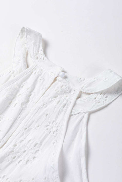 White Lace Eyelet Sleeveless O-Neck Keyhole Back Mini Dress 