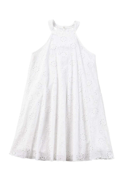 White Lace Eyelet Sleeveless O-Neck Keyhole Back Mini Dress 