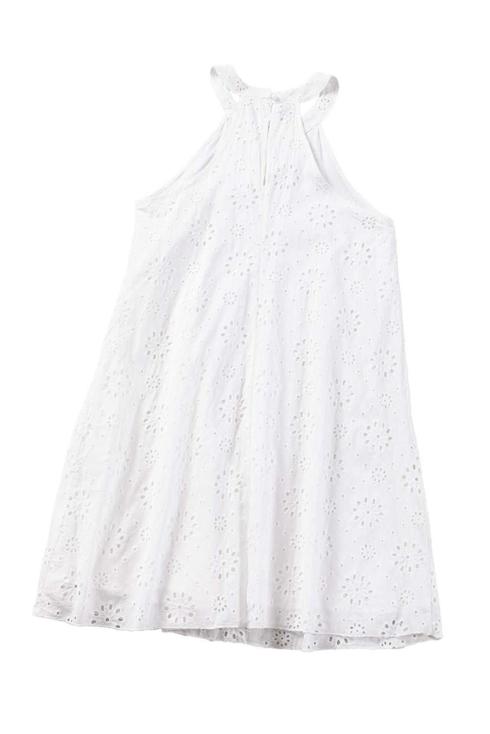 White Lace Eyelet Sleeveless O-Neck Keyhole Back Mini Dress 