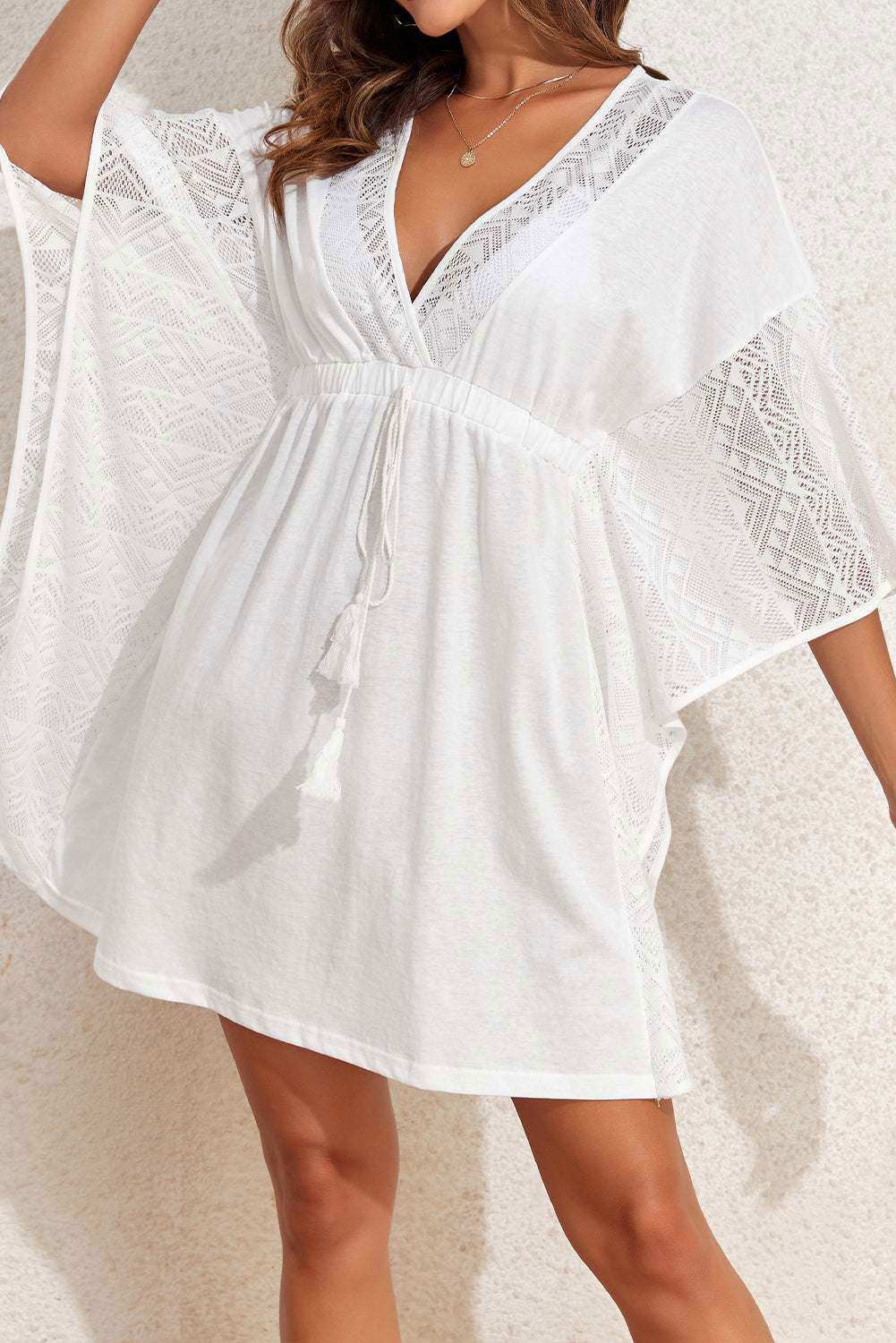 White Lace Patch Kimono Sleeve Tassel Drawstring Beach Cover Up 