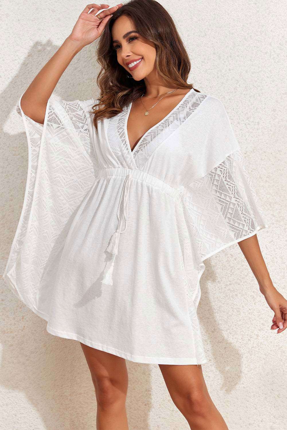 White Lace Patch Kimono Sleeve Tassel Drawstring Beach Cover Up 