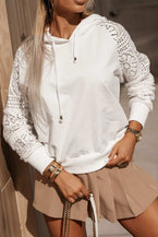 White Lace Patchwork Hollow Out Sleeve Drawstring Hoodie 