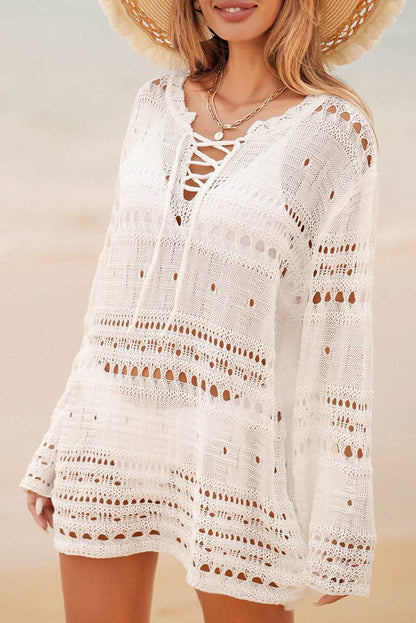 White Lace Up V Neck Hollow Out Knitted Long Sleeve Cover Up 