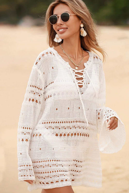 White Lace Up V Neck Hollow Out Knitted Long Sleeve Cover Up 