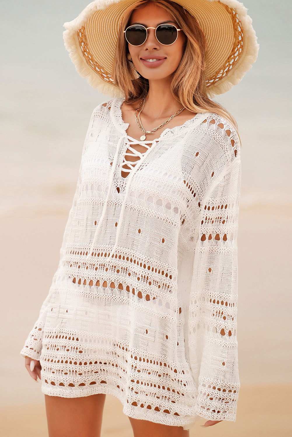 White Lace Up V Neck Hollow Out Knitted Long Sleeve Cover Up 