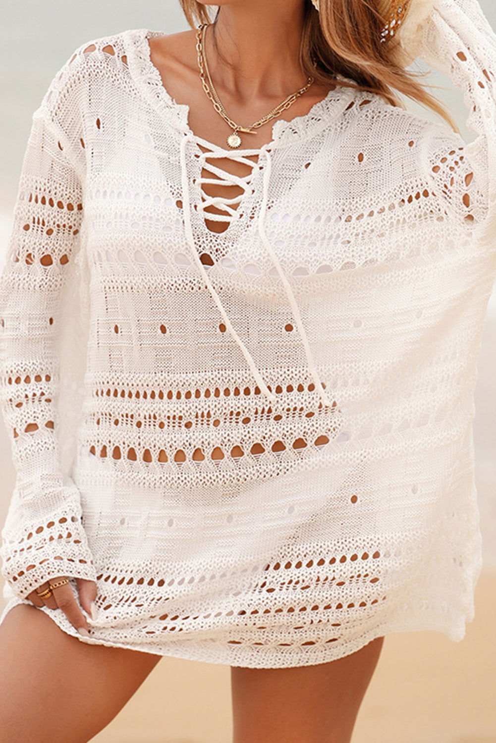 White Lace Up V Neck Hollow Out Knitted Long Sleeve Cover Up 