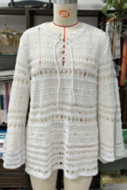 White Lace Up V Neck Hollow Out Knitted Long Sleeve Cover Up 