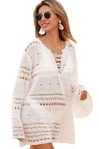 White Lace Up V Neck Hollow Out Knitted Long Sleeve Cover Up 