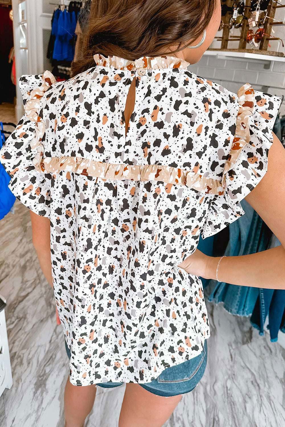 White Leopard Print Frilled Neck Ruffle Blouse 