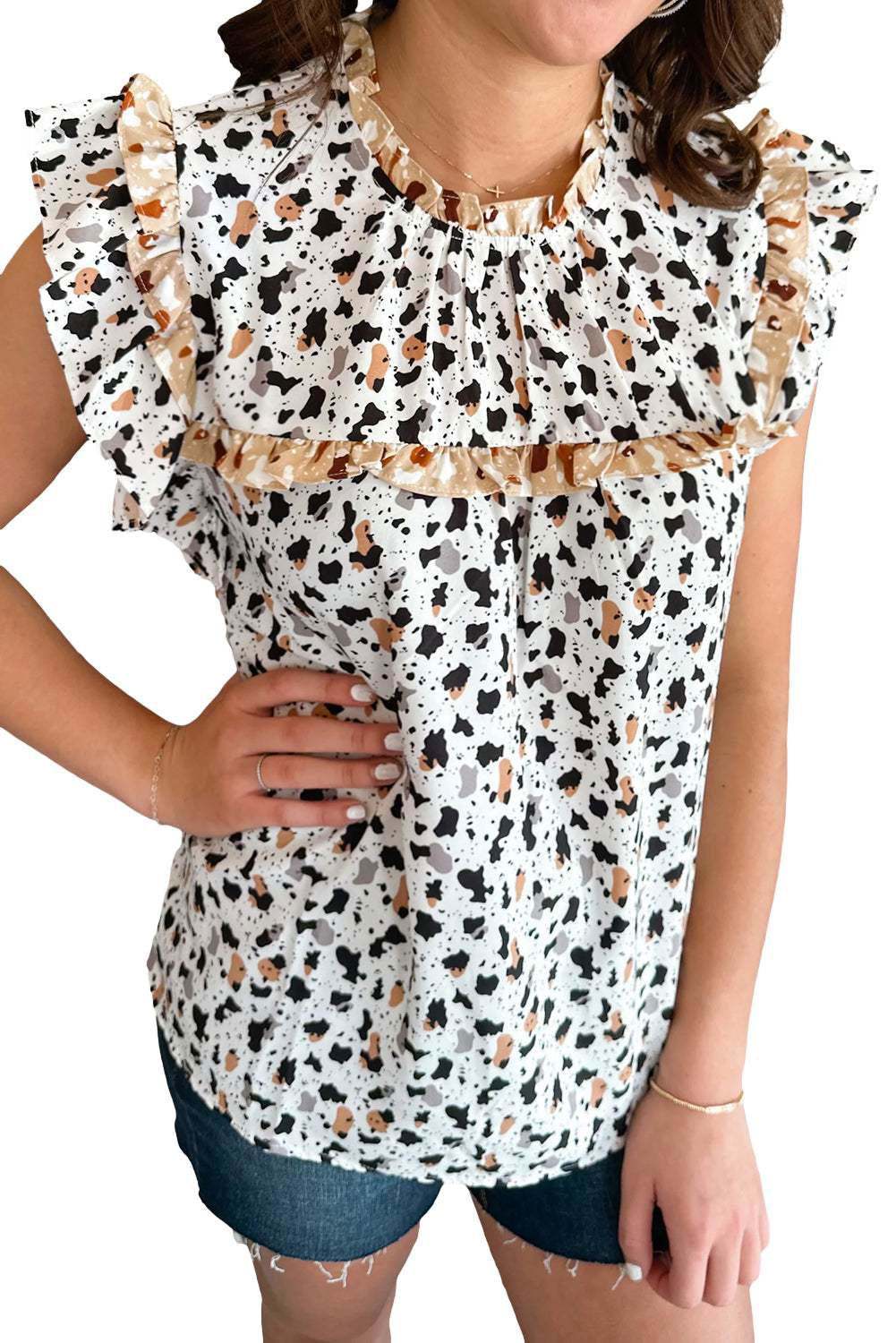 White Leopard Print Frilled Neck Ruffle Blouse 