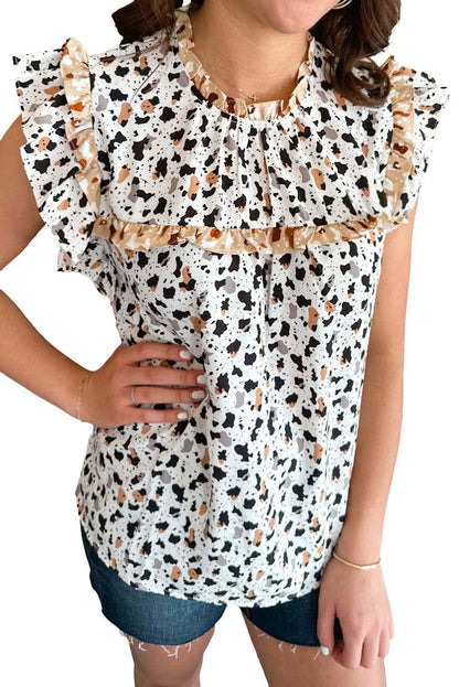 White Leopard Print Frilled Neck Ruffle Blouse 