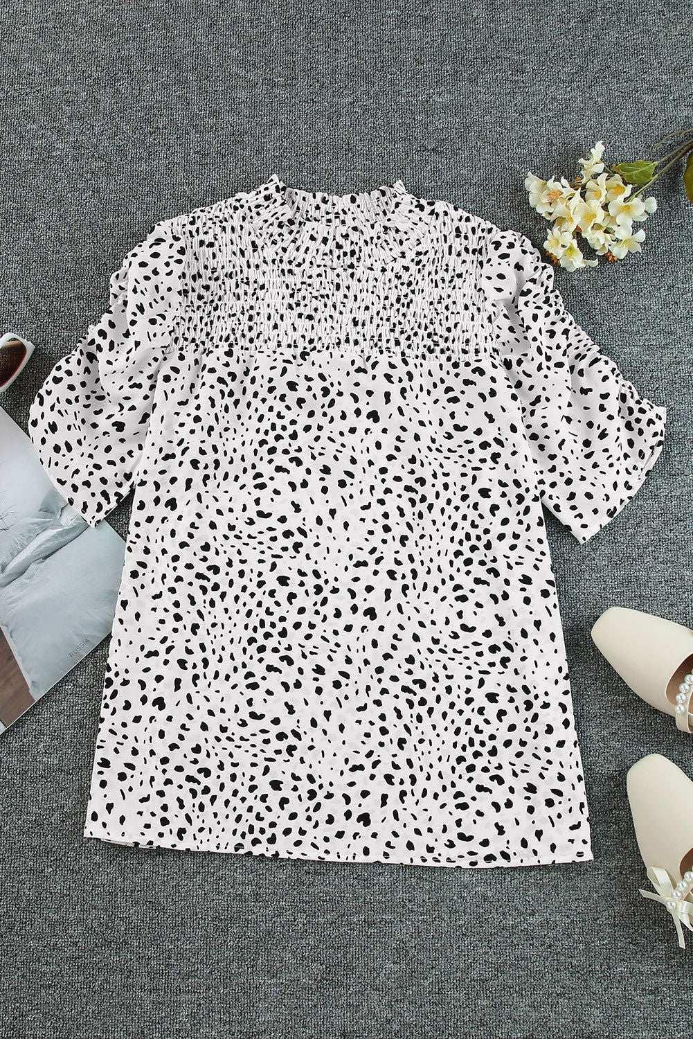 White Leopard Smocked Casual Bubble Sleeve Blouse 