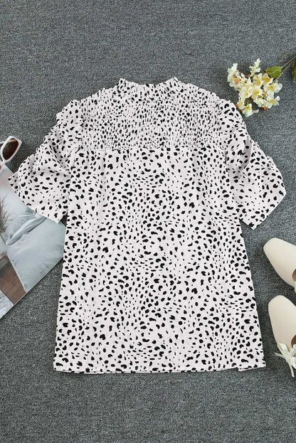 White Leopard Smocked Casual Bubble Sleeve Blouse 