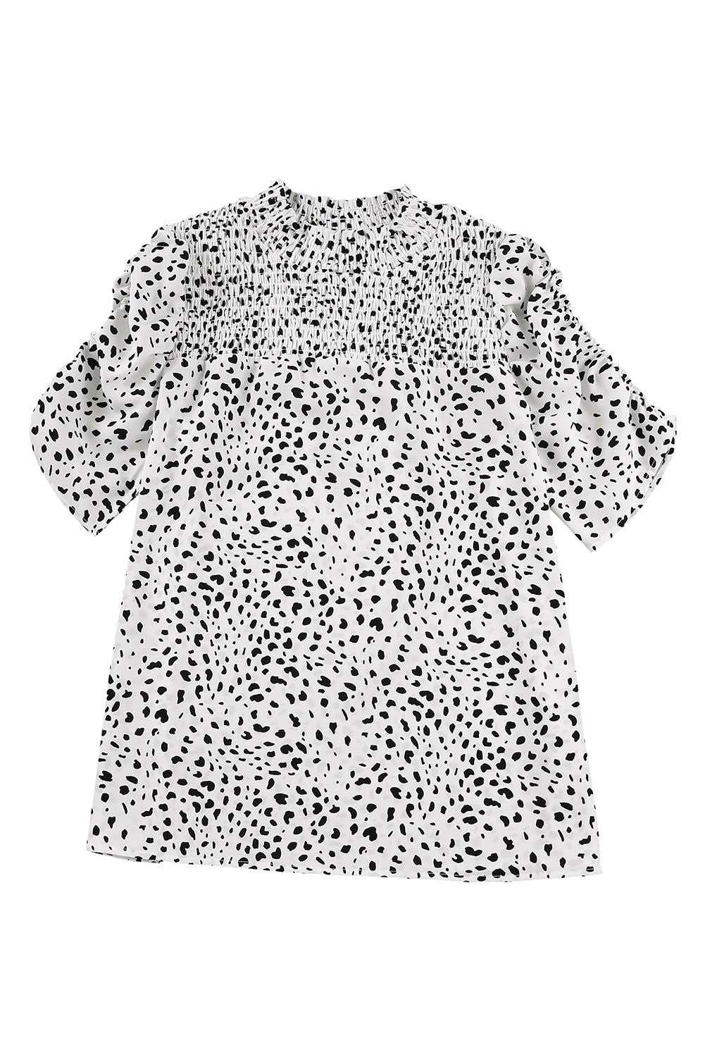 White Leopard Smocked Casual Bubble Sleeve Blouse 