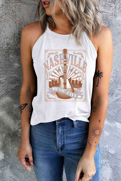 White NASHVILLE MUSIC CITY Guitar Graphic Tank Top 