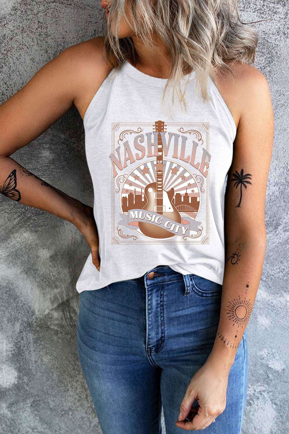 White NASHVILLE MUSIC CITY Guitar Graphic Tank Top 