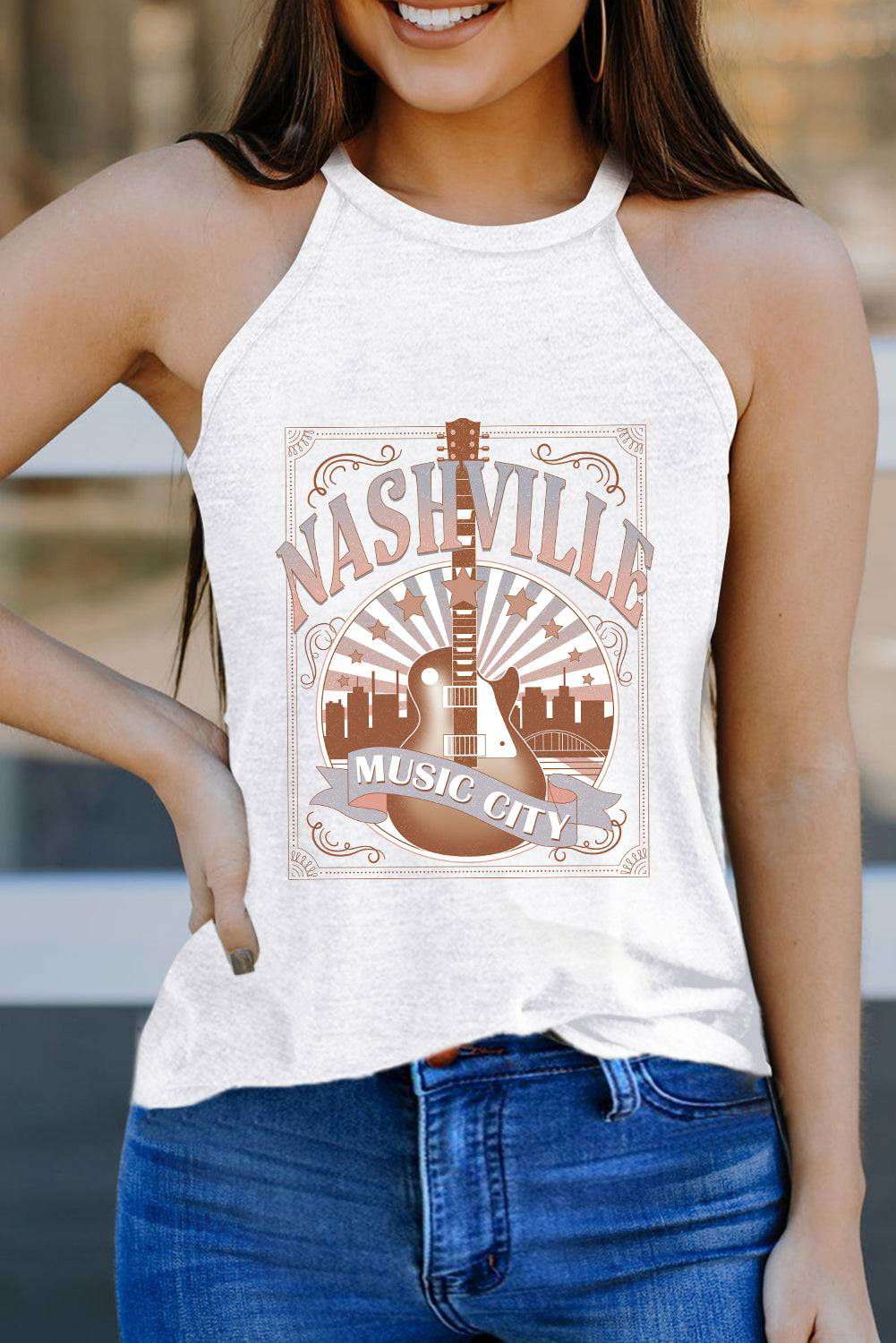 White NASHVILLE MUSIC CITY Guitar Graphic Tank Top 