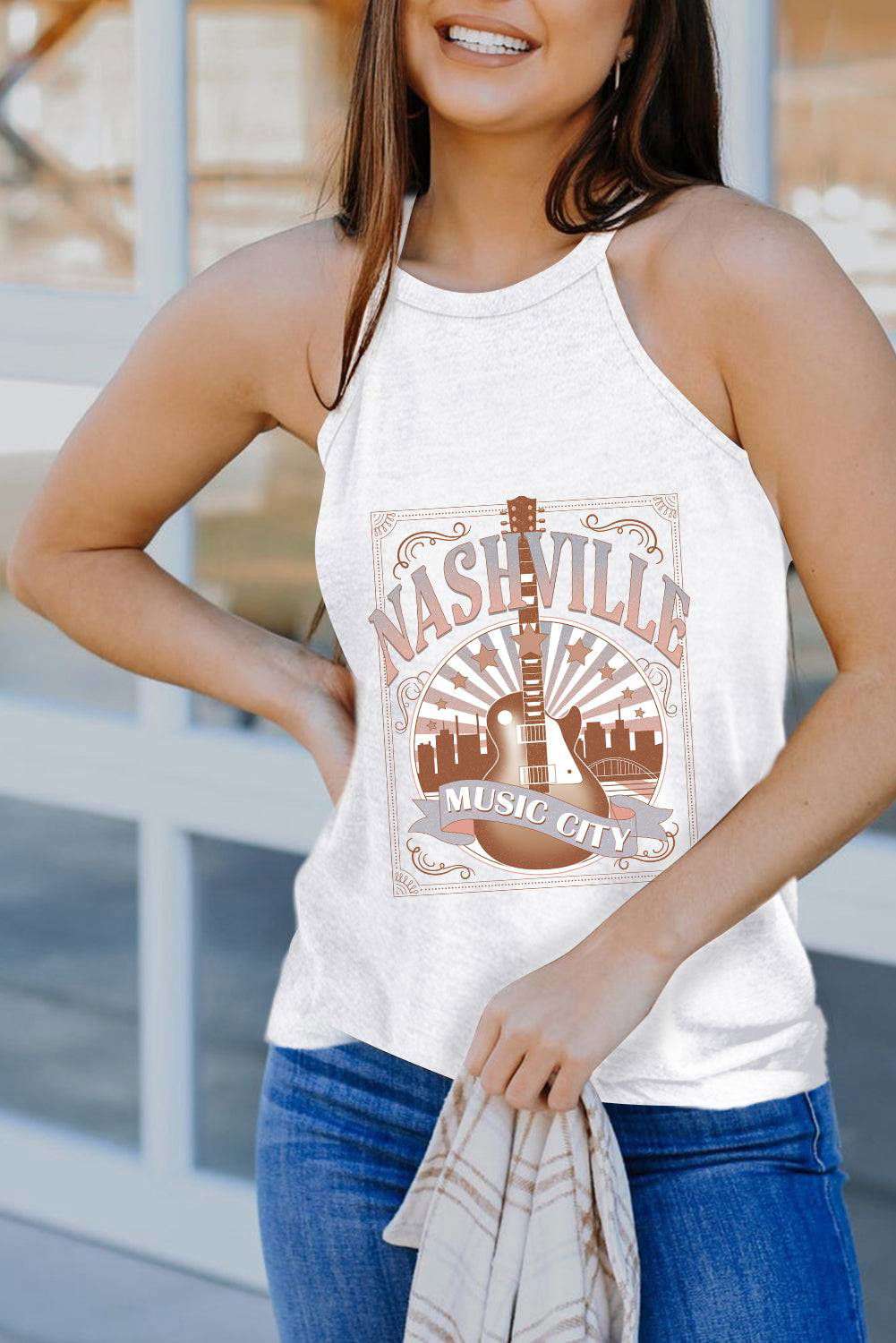 White NASHVILLE MUSIC CITY Guitar Graphic Tank Top 