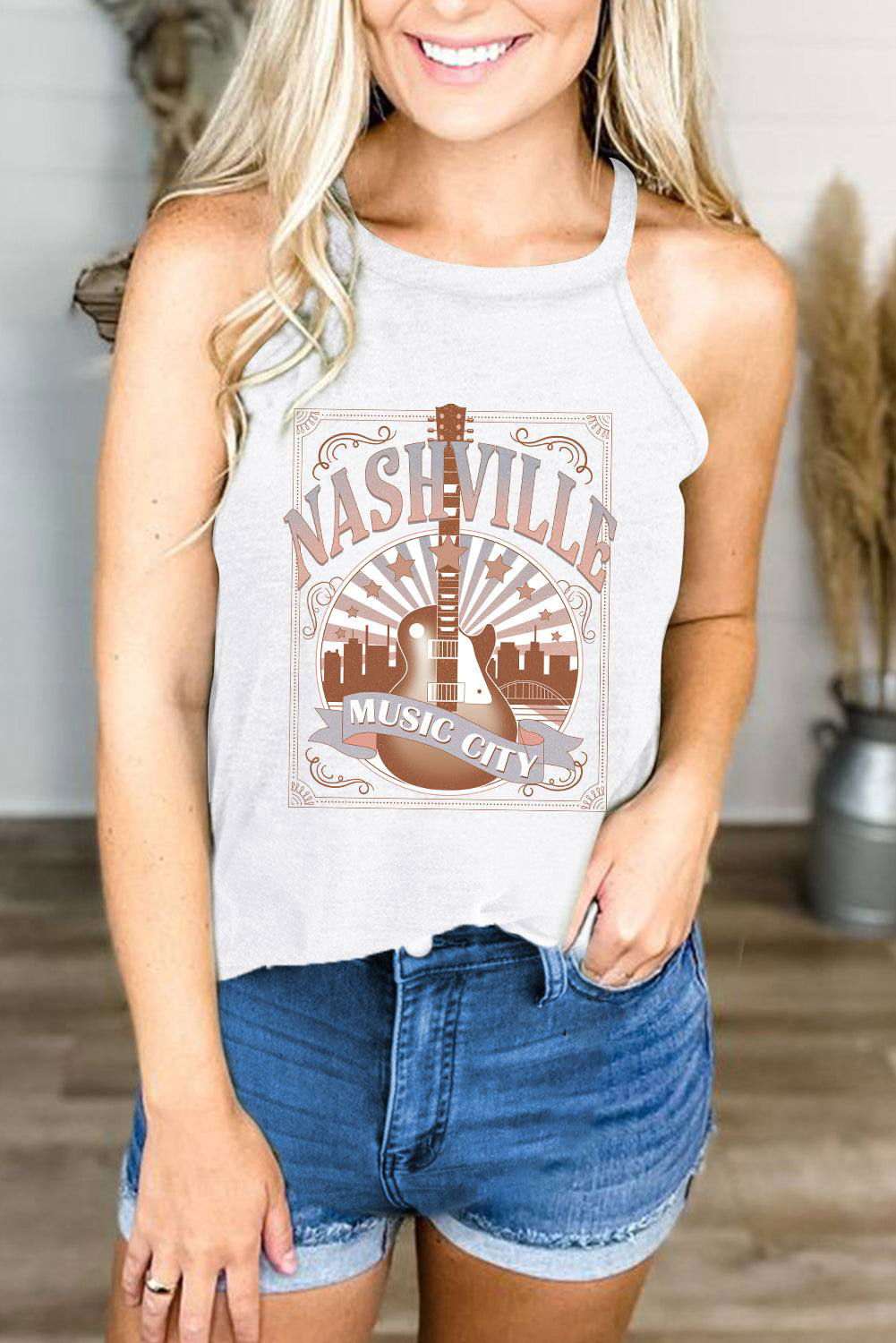 White NASHVILLE MUSIC CITY Guitar Graphic Tank Top 