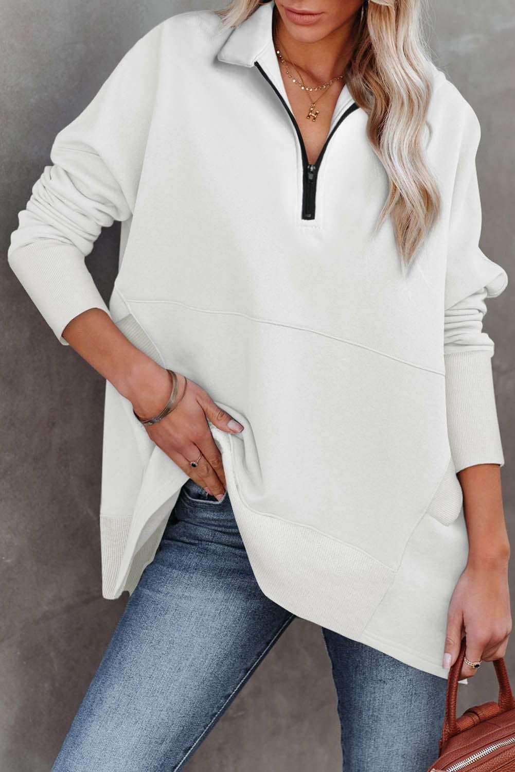 White Oversized Quarter-Zip Pullover Sweatshirt 