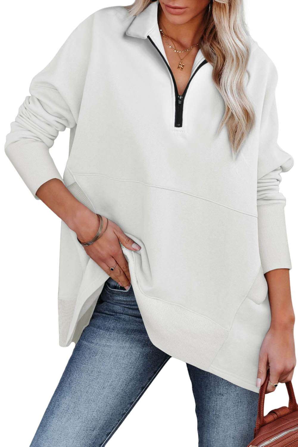 White Oversized Quarter-Zip Pullover Sweatshirt 