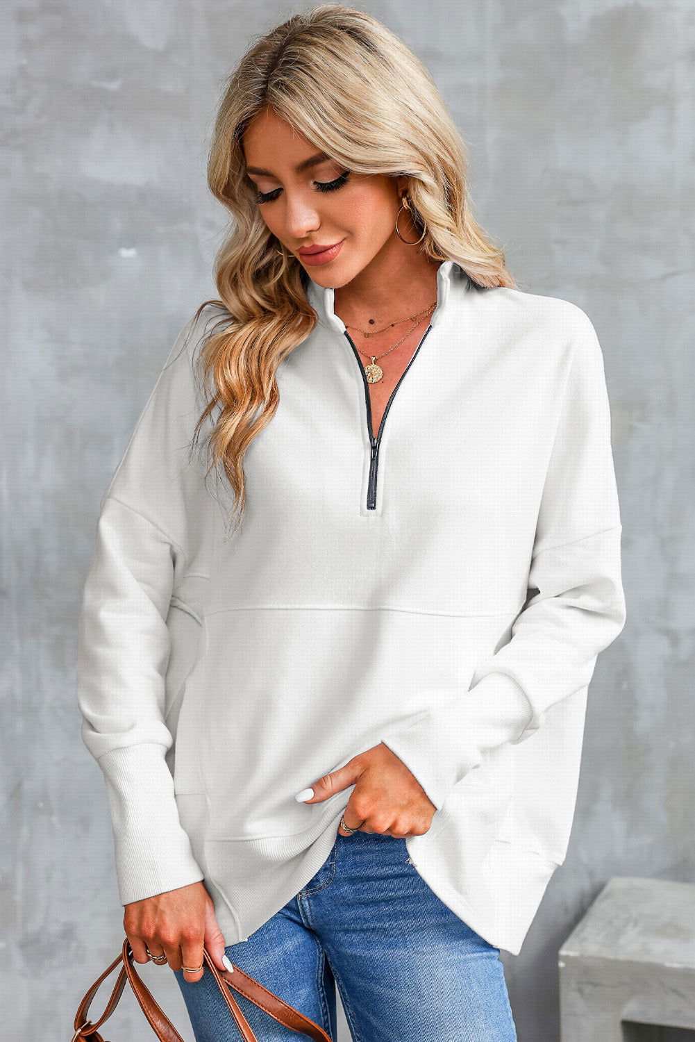 White Oversized Quarter-Zip Pullover Sweatshirt 