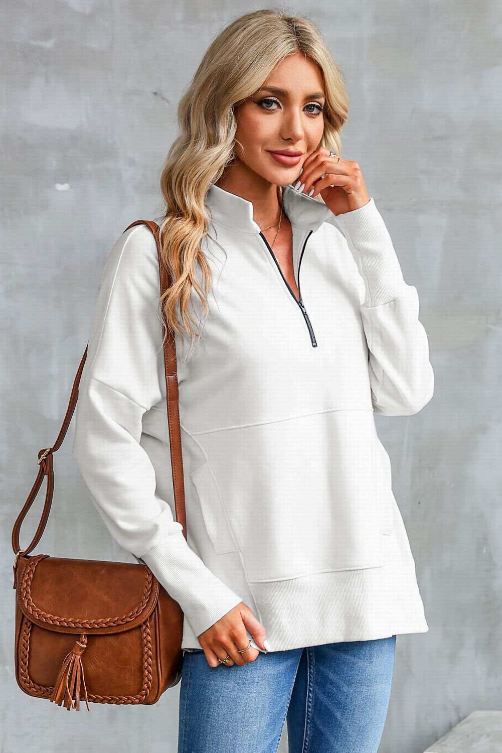 White Oversized Quarter-Zip Pullover Sweatshirt 