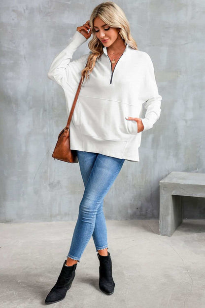 White Oversized Quarter-Zip Pullover Sweatshirt 