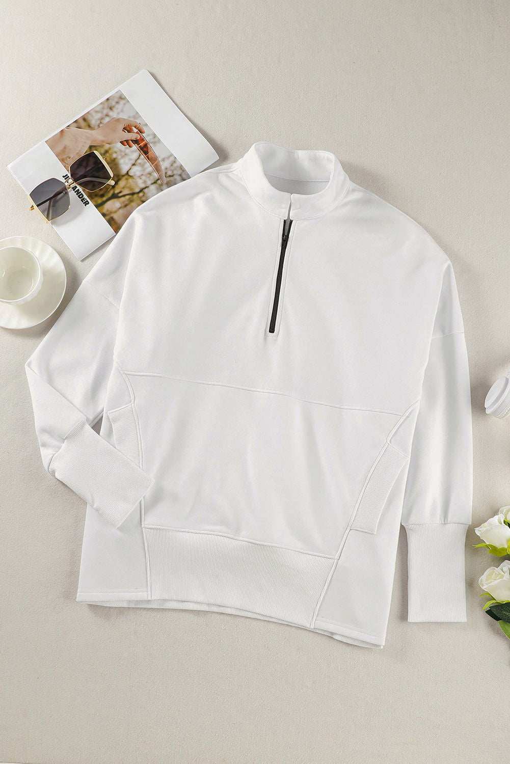 White Oversized Quarter-Zip Pullover Sweatshirt 