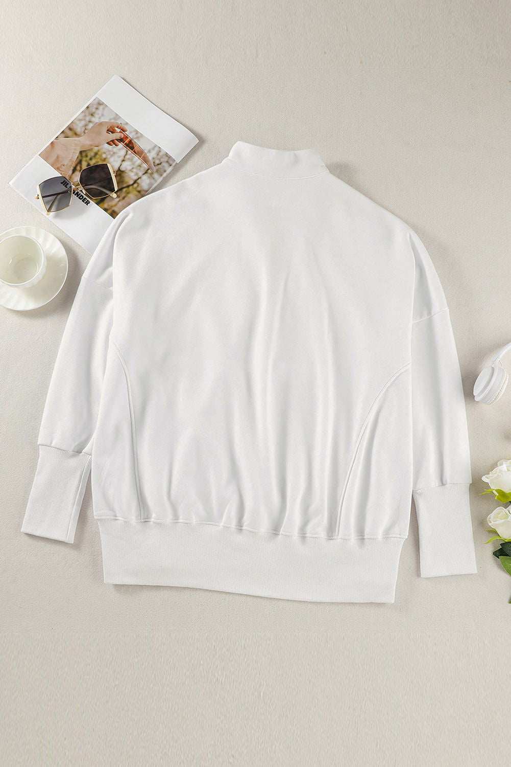 White Oversized Quarter-Zip Pullover Sweatshirt 