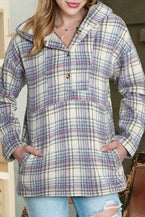 White Plaid Button Neck Pocketed Pullover Hoodie 