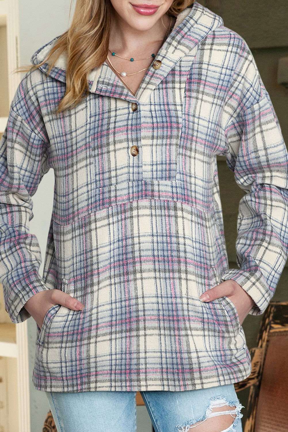 White Plaid Button Neck Pocketed Pullover Hoodie 