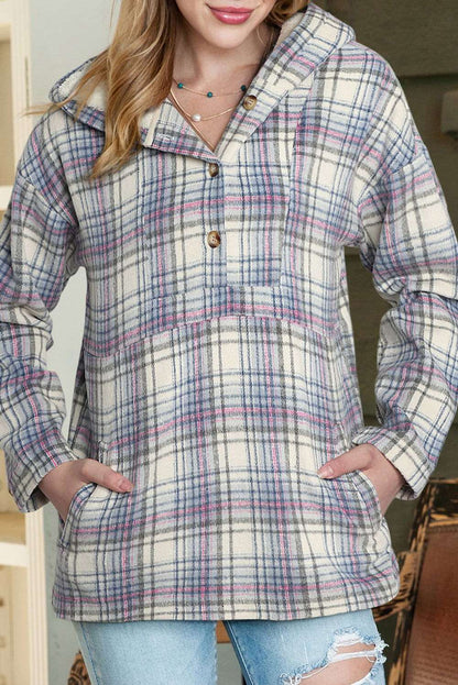 White Plaid Button Neck Pocketed Pullover Hoodie 