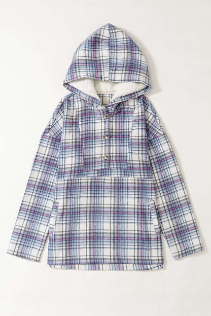 White Plaid Button Neck Pocketed Pullover Hoodie 