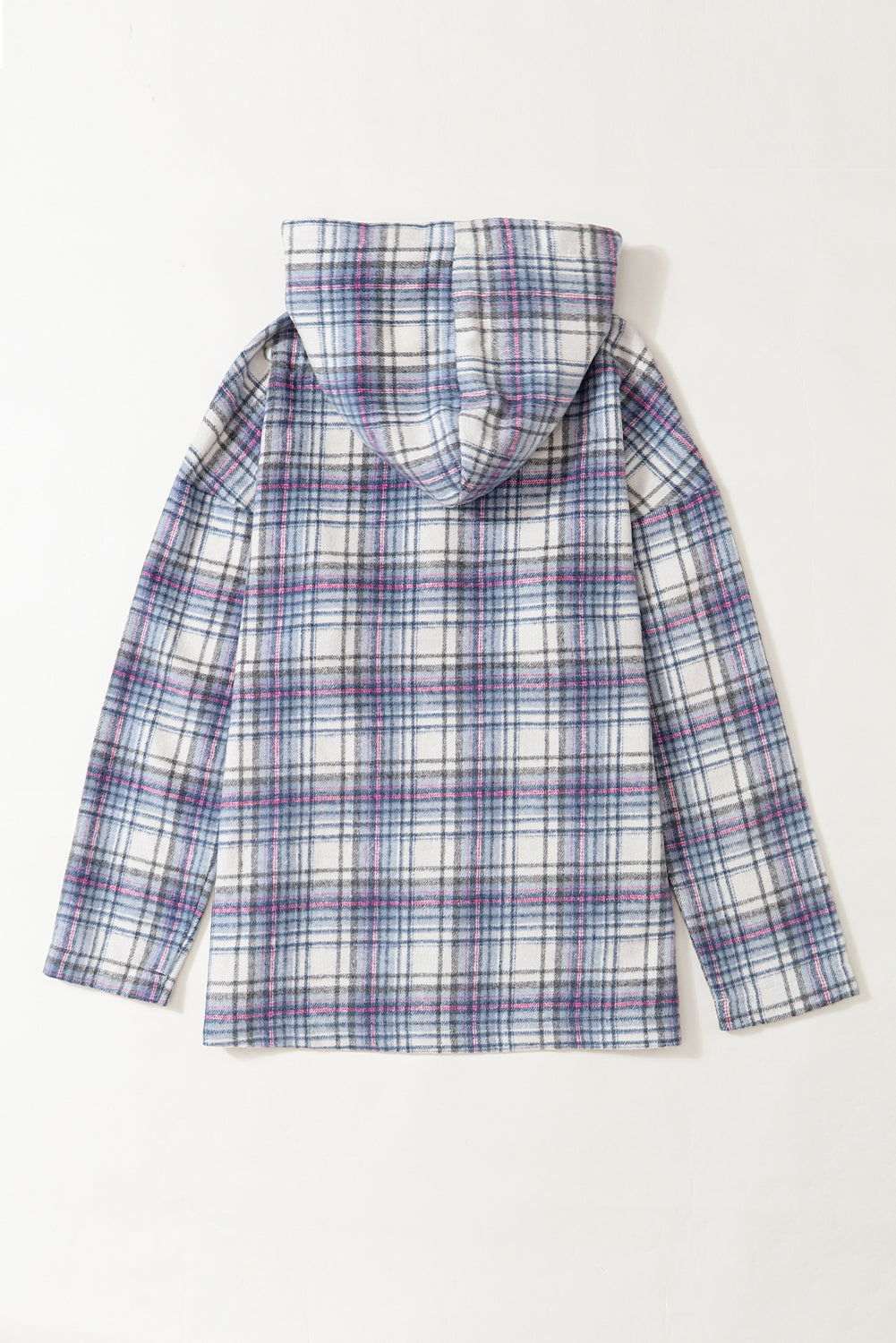 White Plaid Button Neck Pocketed Pullover Hoodie 