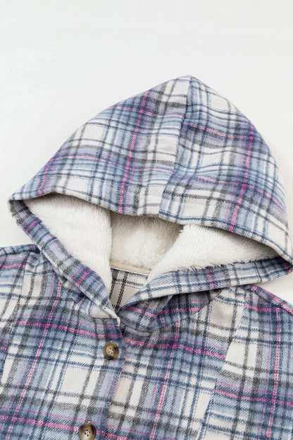 White Plaid Button Neck Pocketed Pullover Hoodie 