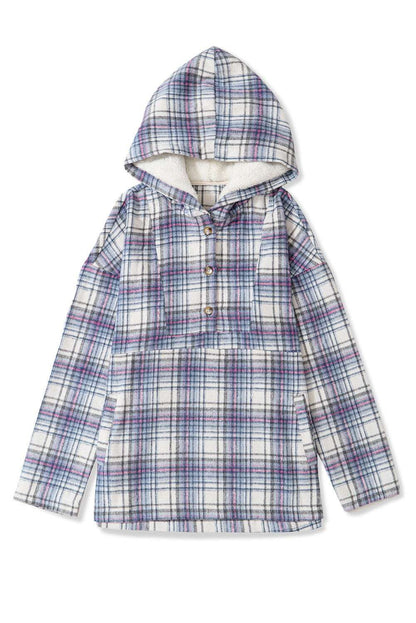 White Plaid Button Neck Pocketed Pullover Hoodie 