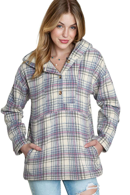 White Plaid Button Neck Pocketed Pullover Hoodie 