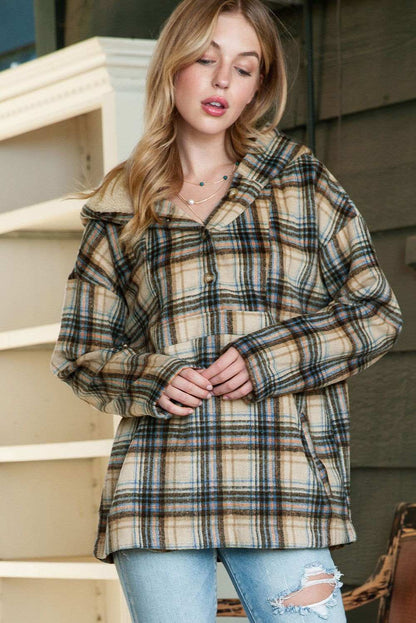 White Plaid Button Neck Pocketed Pullover Hoodie 