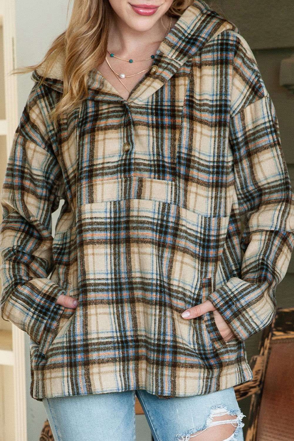 White Plaid Button Neck Pocketed Pullover Hoodie 