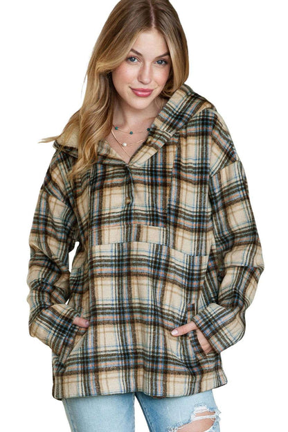 White Plaid Button Neck Pocketed Pullover Hoodie 