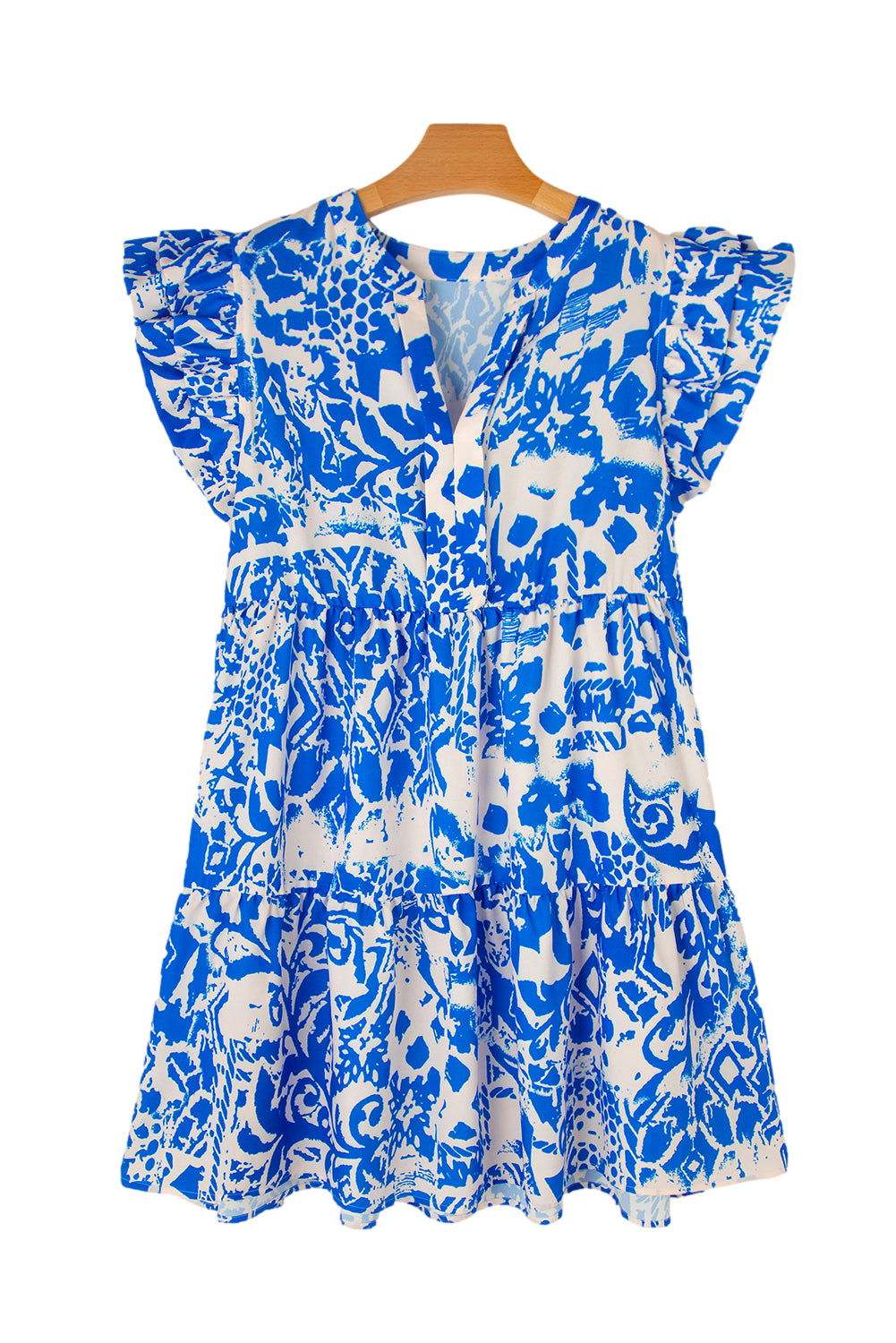 White Plus Size Abstract Print V Neck Ruffle Sleeve Mini Dress 