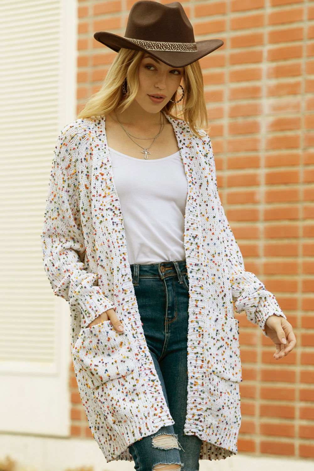 White Pocketed Open Front Long Cardigan 