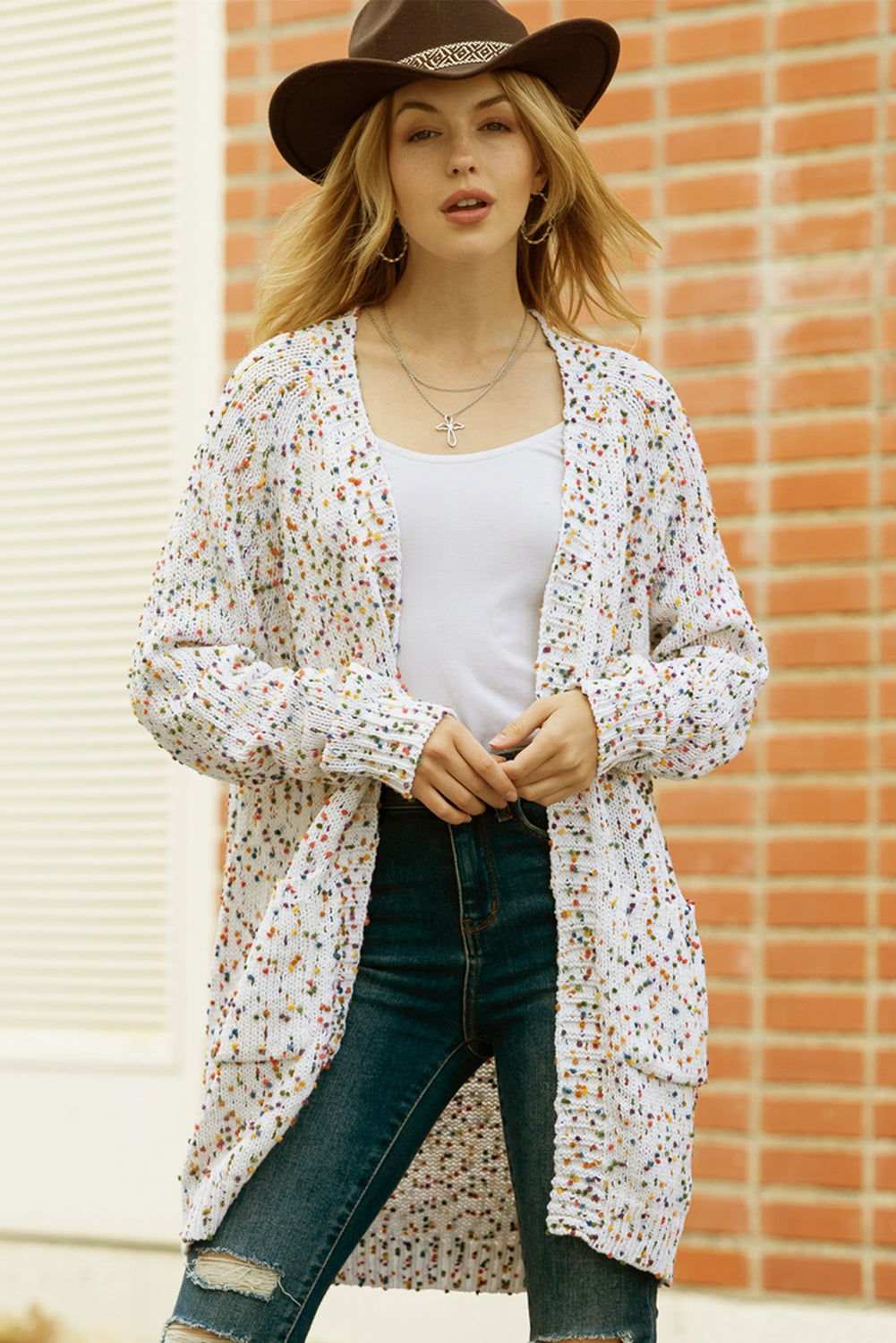 White Pocketed Open Front Long Cardigan 