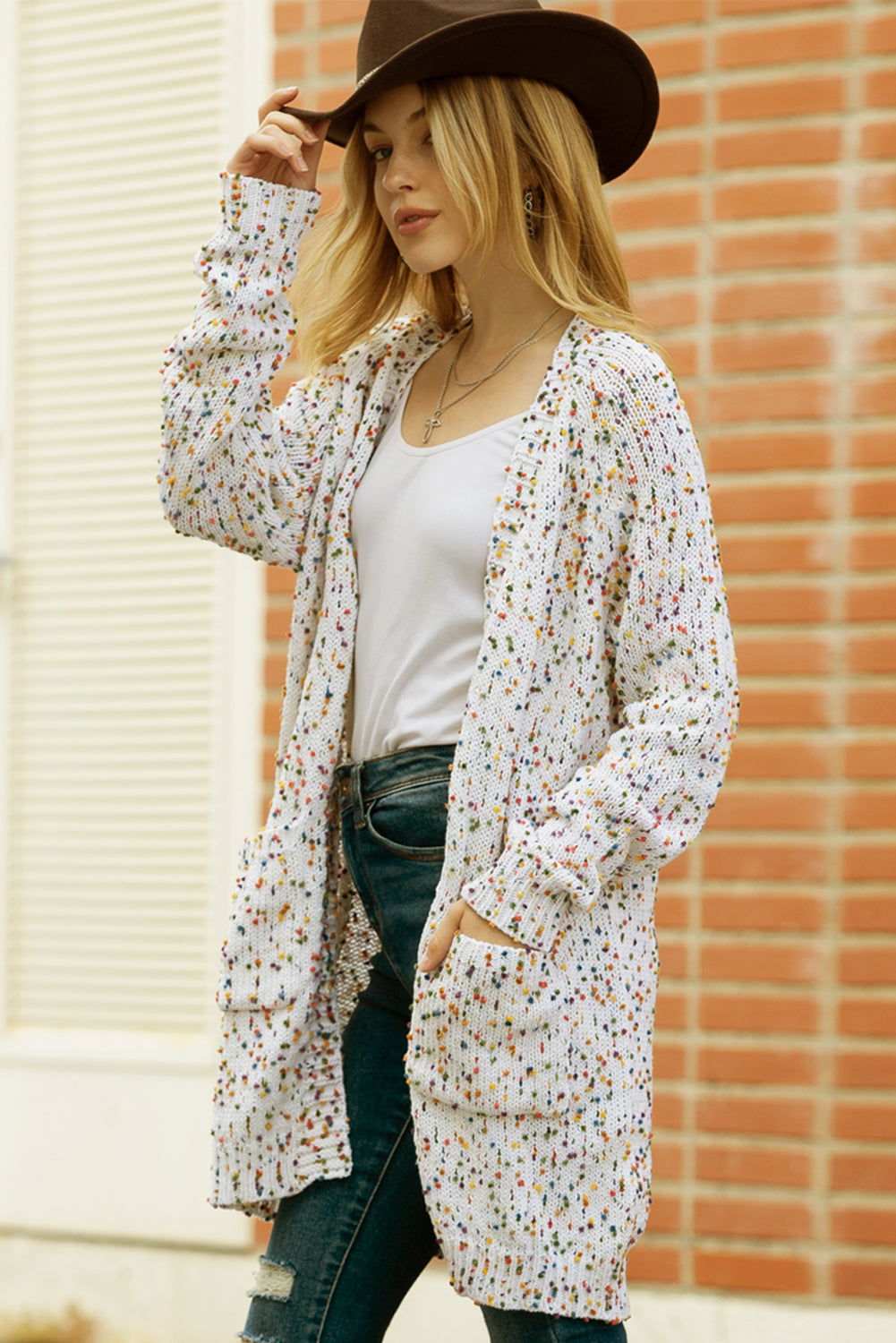 White Pocketed Open Front Long Cardigan 