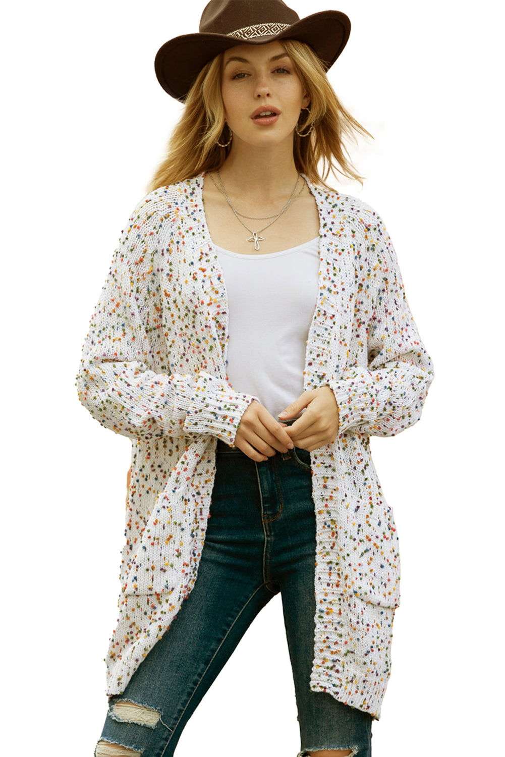 White Pocketed Open Front Long Cardigan 