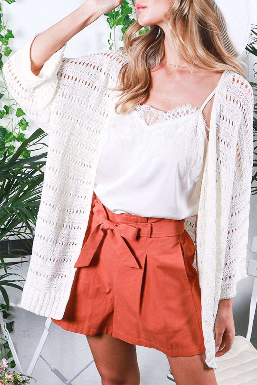 White Pointelle Knit Bracelet Sleeve Open Front Cardigan 