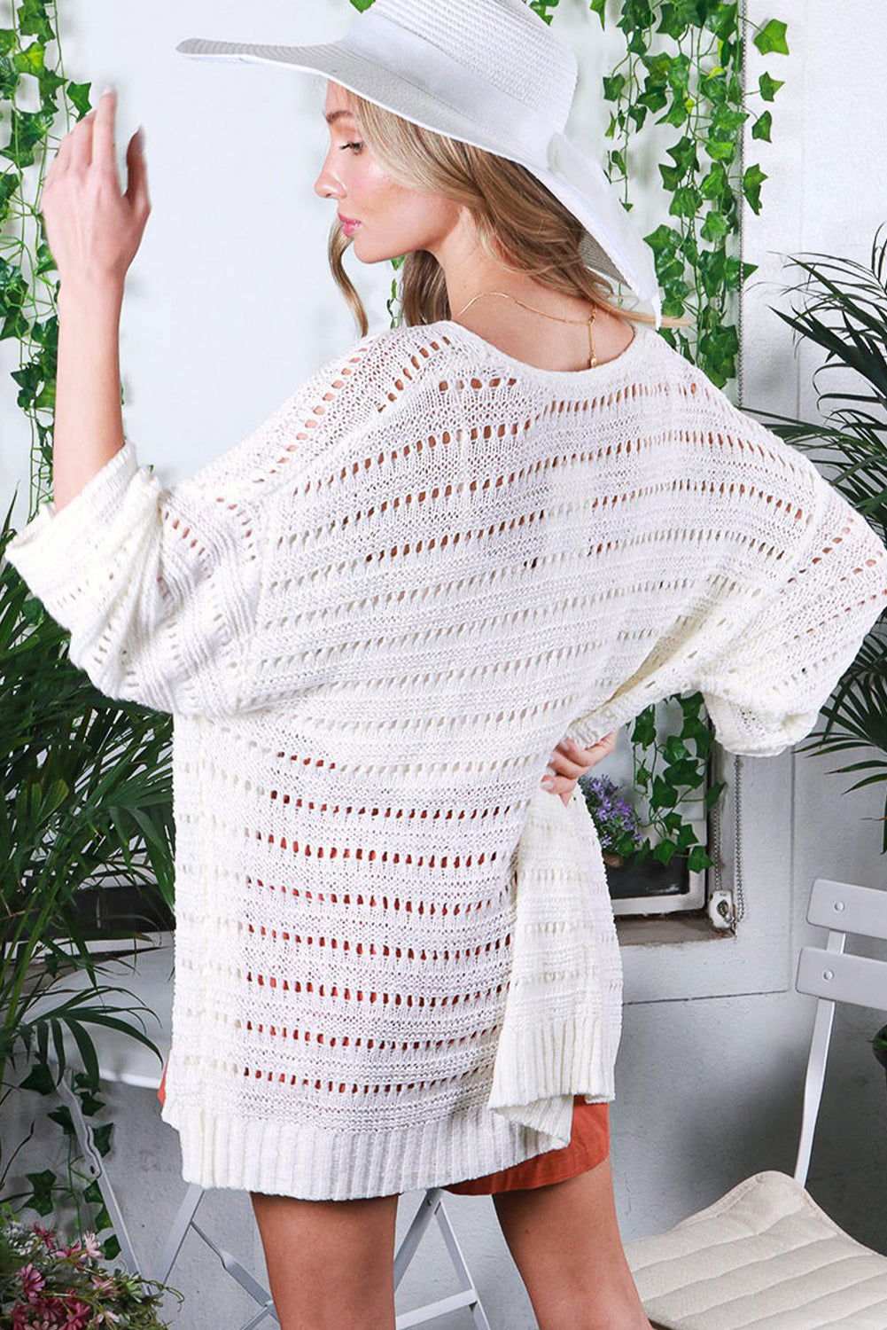 White Pointelle Knit Bracelet Sleeve Open Front Cardigan 