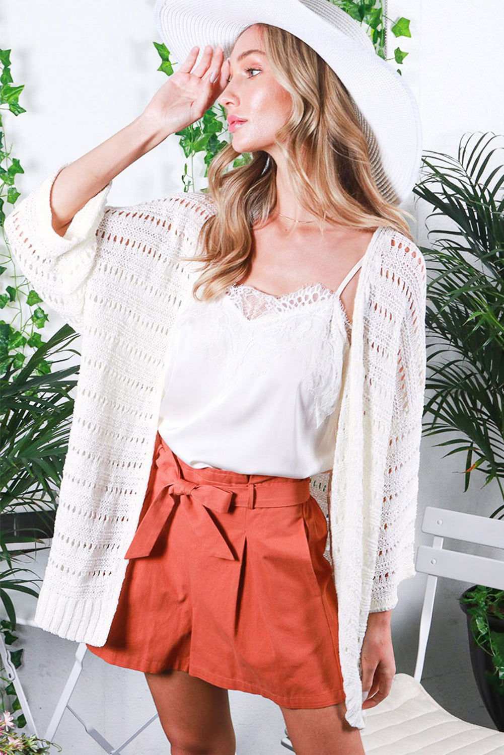 White Pointelle Knit Bracelet Sleeve Open Front Cardigan 